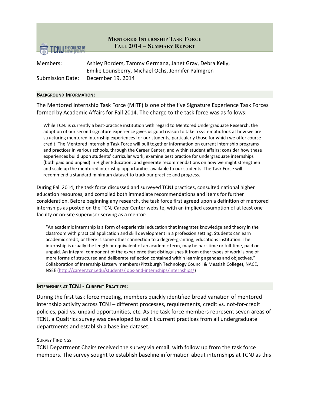 Mentored Internship Task Force Fall 2014 Summary Report