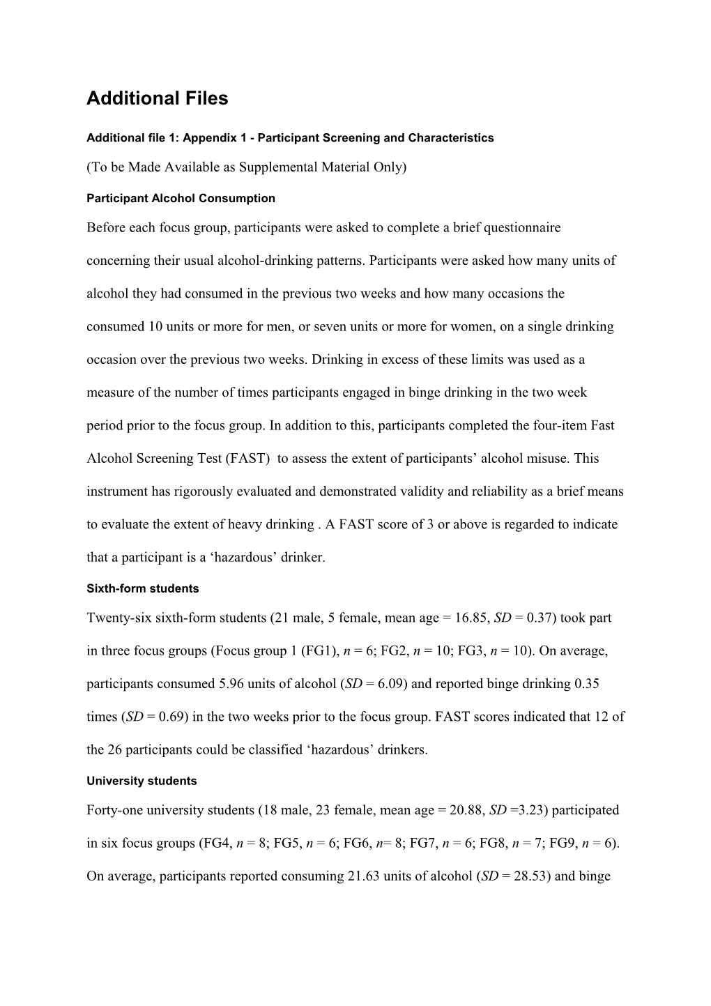 Additional File 1: Appendix 1 - Participant Screening and Characteristics