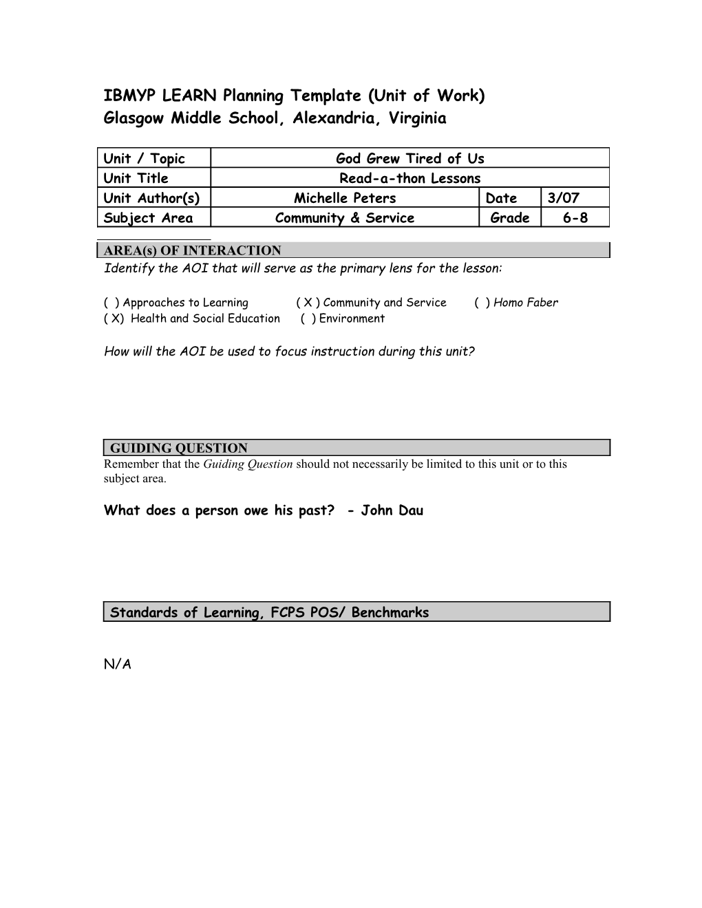 IBMYP LEARN Planning Template (Unit of Work)