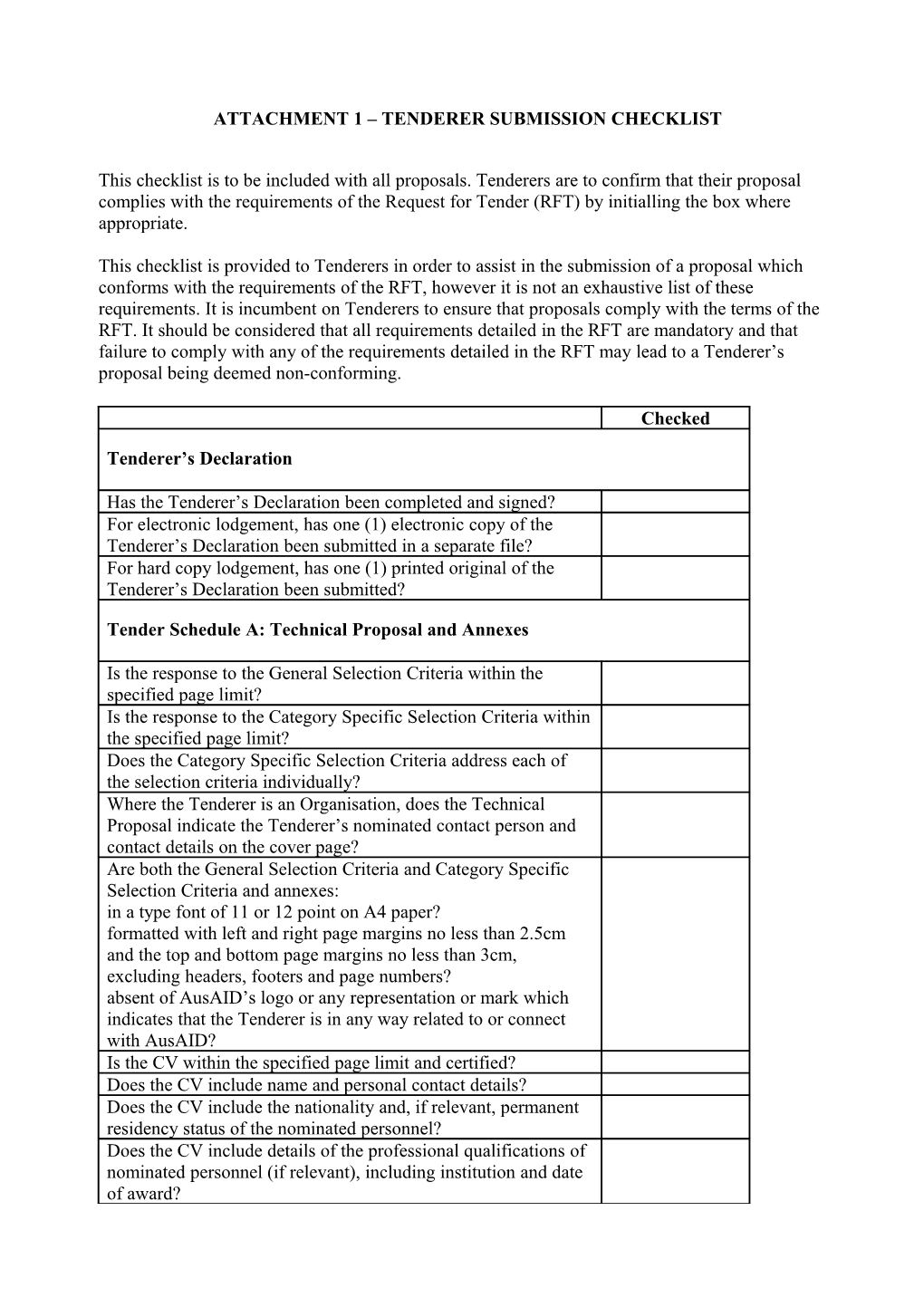 Attachment 1 Tenderer Submission Checklist