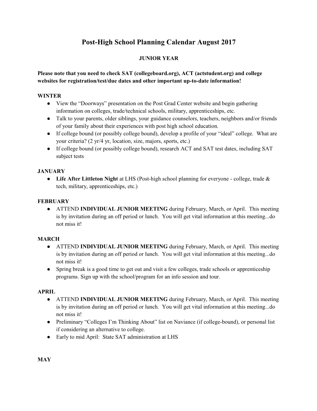 Post-High School Planning Calendar August 2017