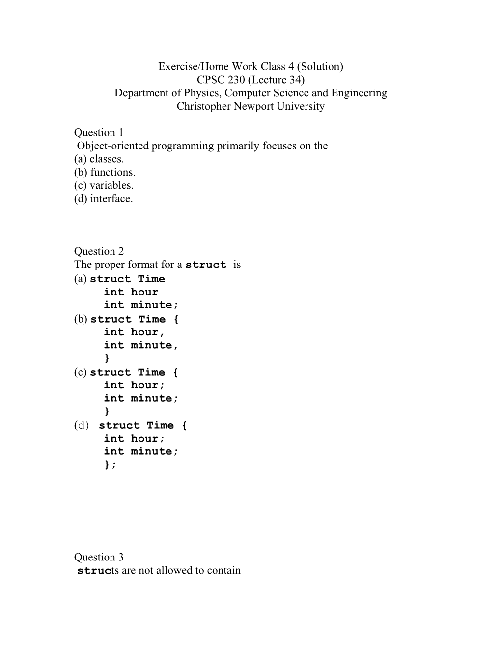 Exercise/Home Work Class 4 (Solution)