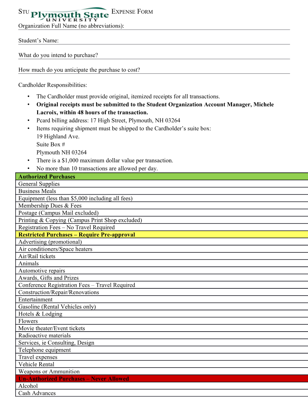 Student Organizationp-Card Expense Form