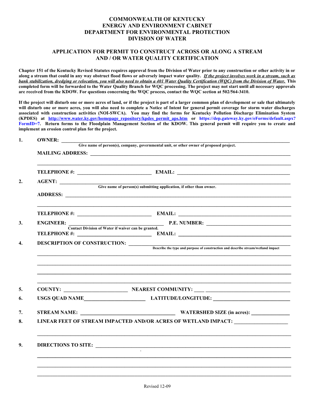 Combined Application for Permit to Construct Across Or Along a Stream And/Or Water Quality