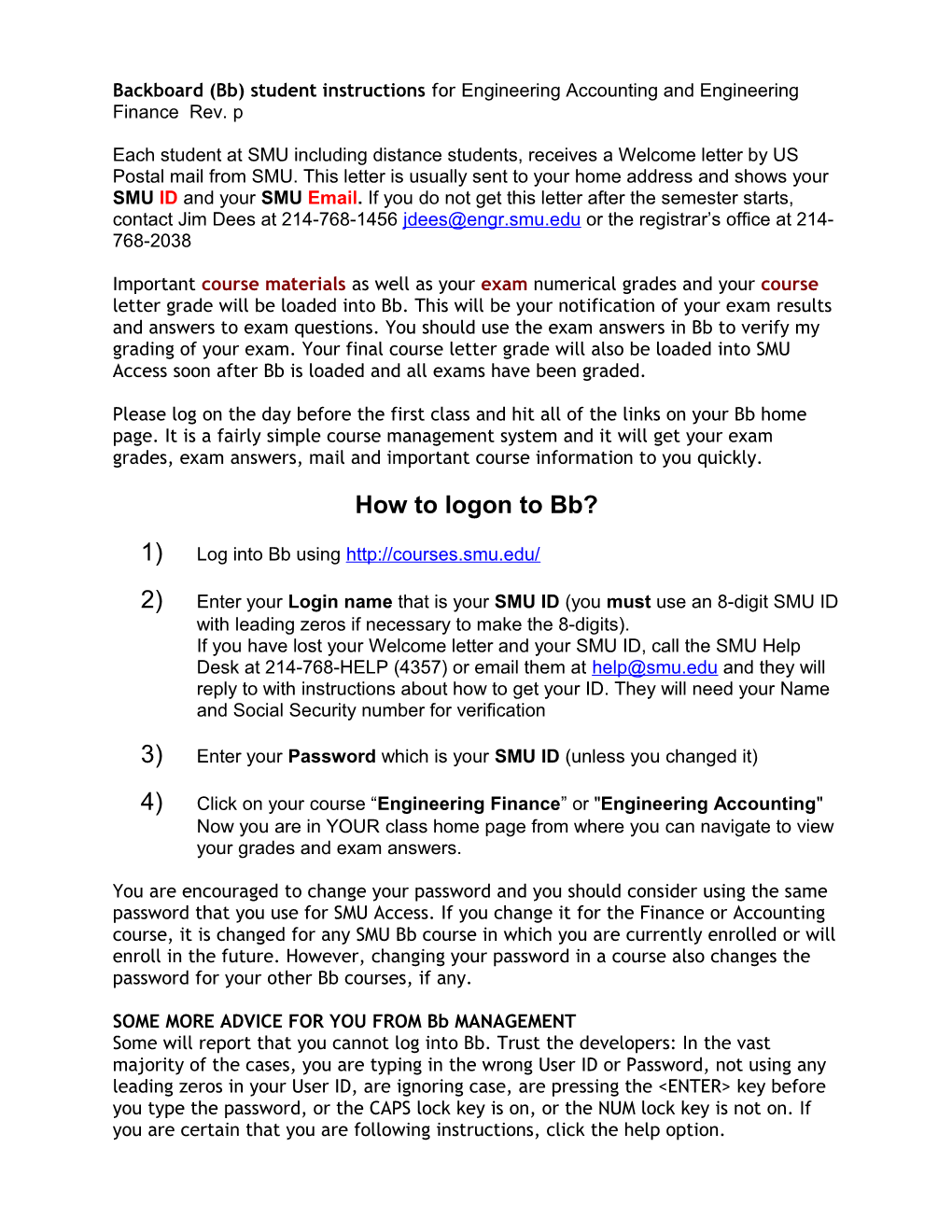 Backboard (Bb) Student Instructions for Engineering Accounting and Engineering Finance