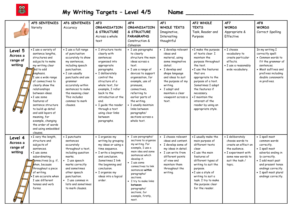 My Writing Targets Level 4/5 Name ______