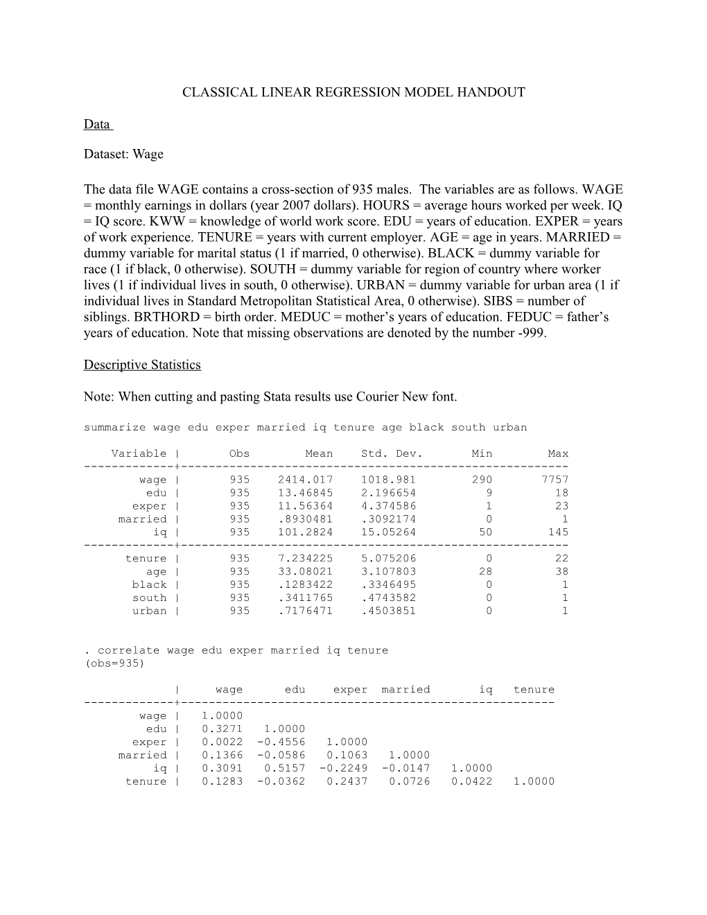 Classical Linear Regression Model Handout