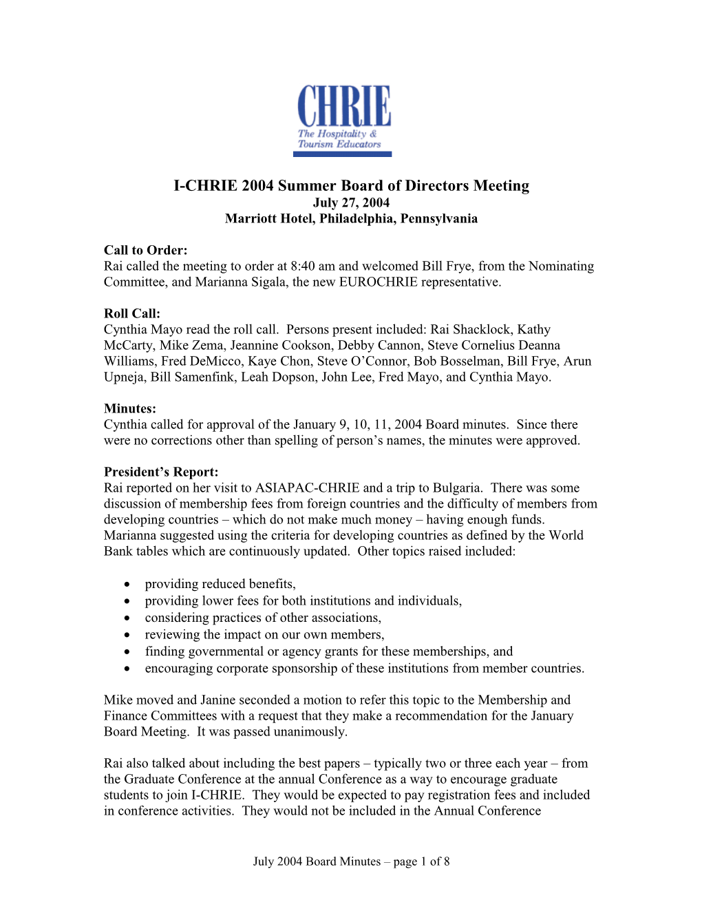 ICHRIE 2003 Summer Board of Directors Meeting