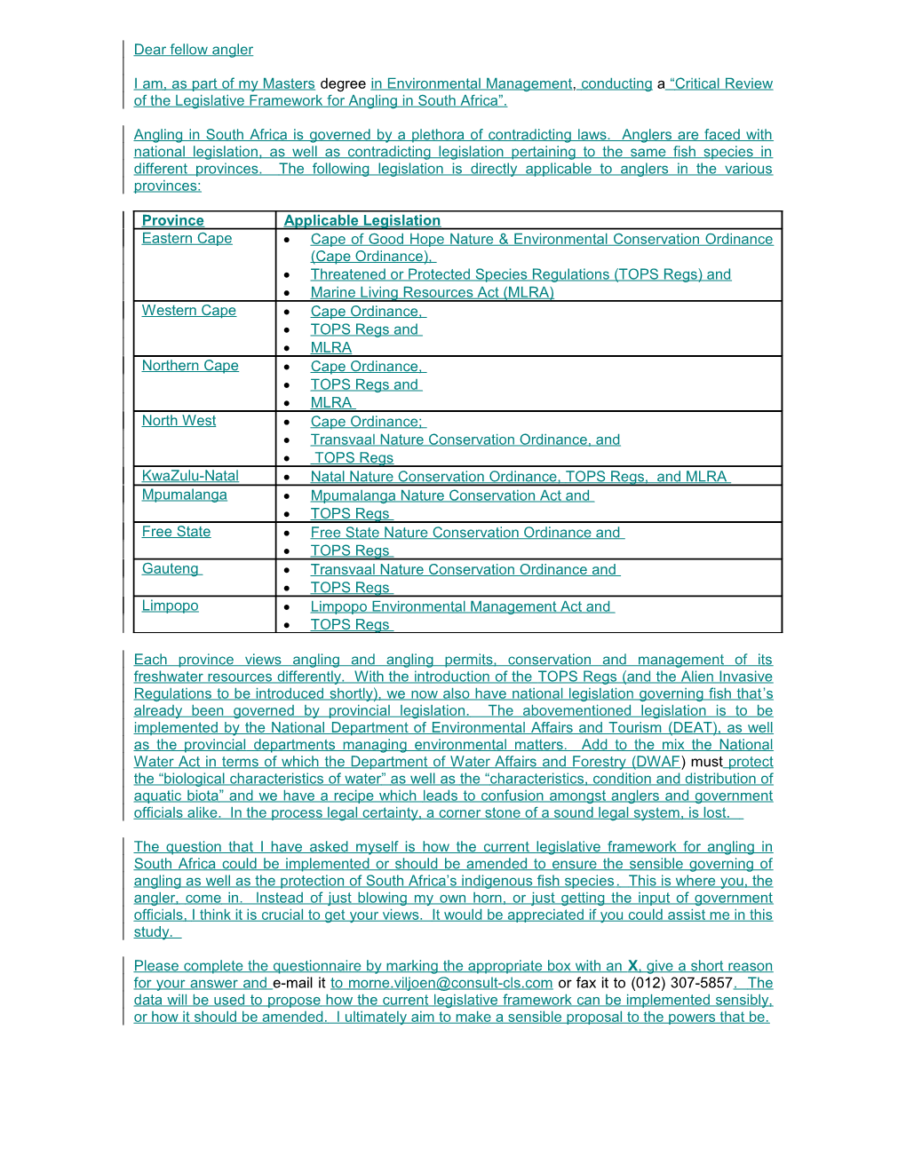 Angling Licence Questionnaire