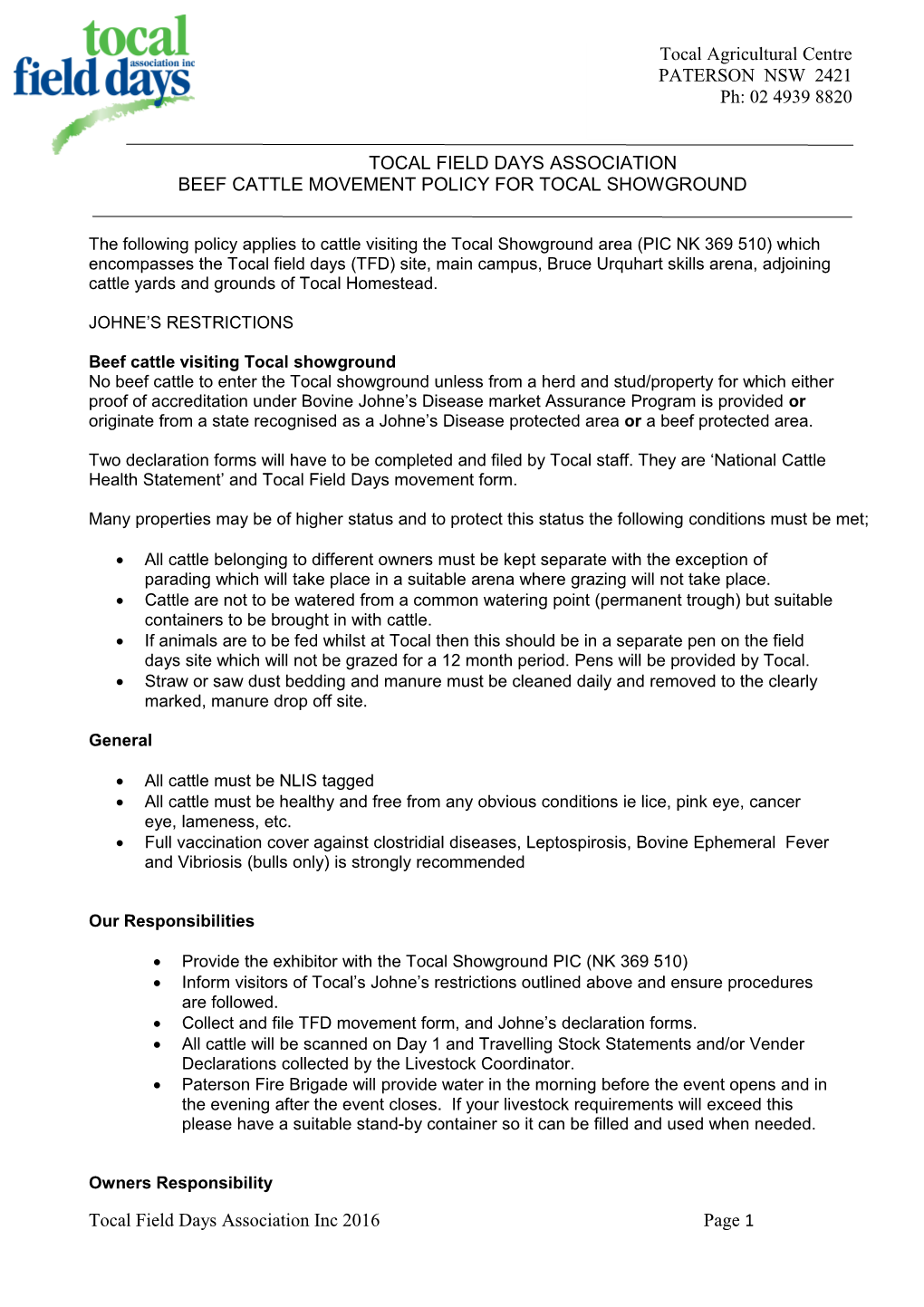 Beef Cattle Movement Policy for Tocal Showground