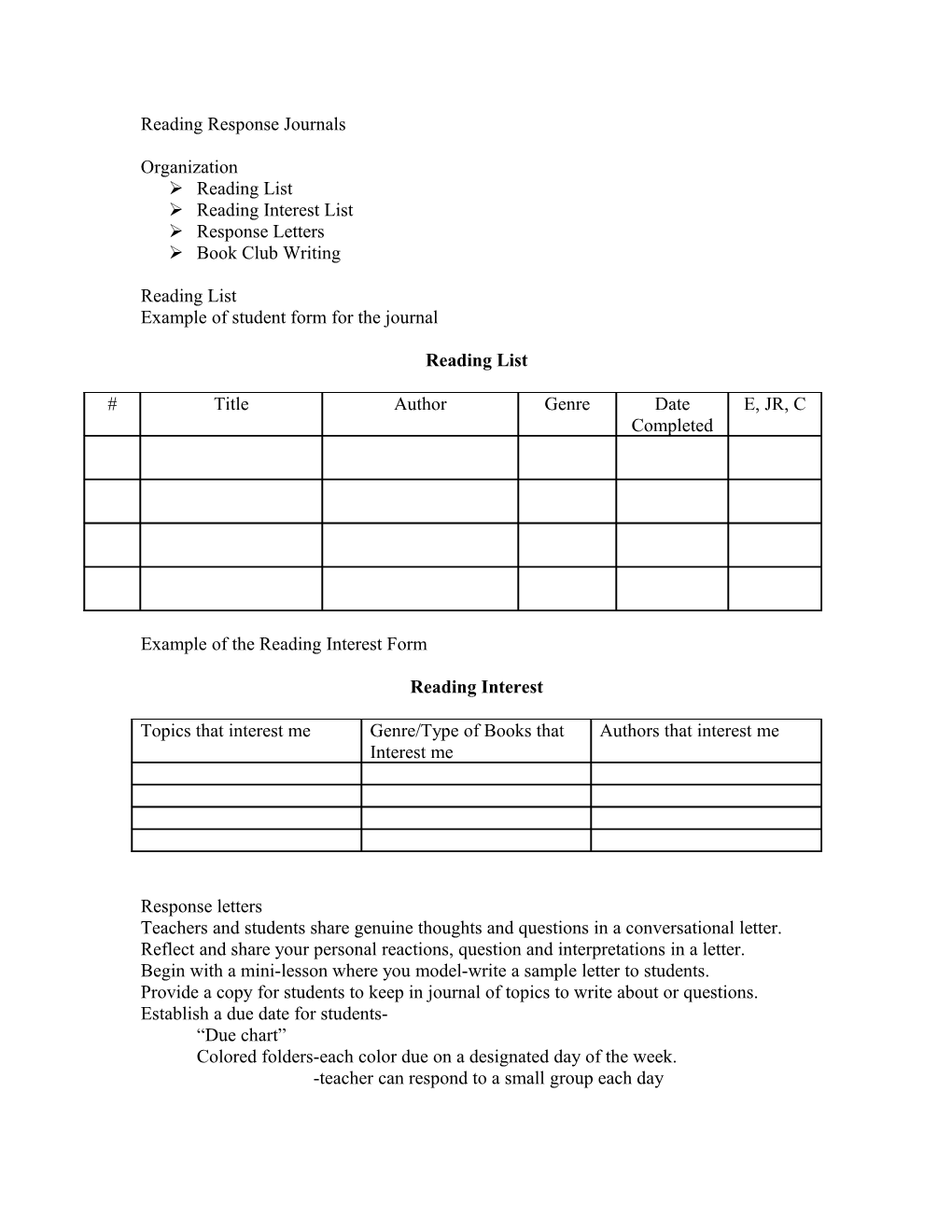 Reading Response Journals