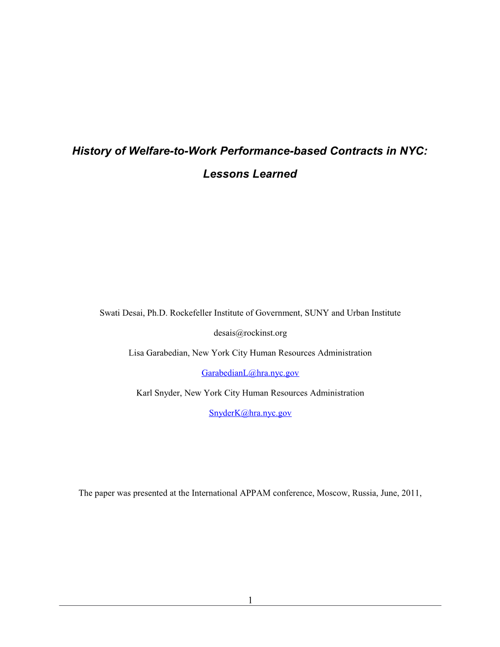 History of Welfare-To-Work Performance-Based Contracts in NYC