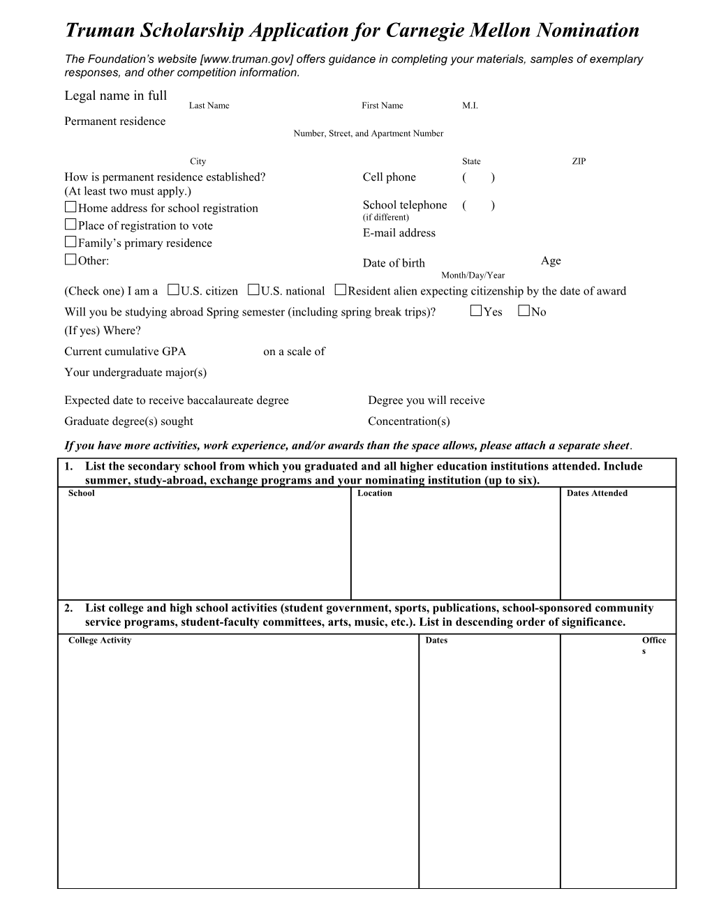 Truman Scholarship Application for Carnegie Mellon Nomination