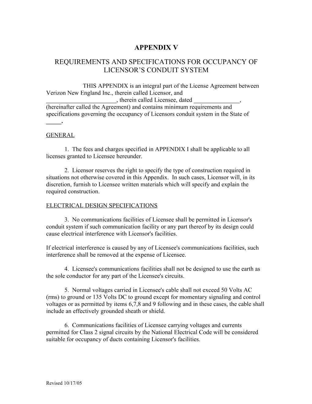 Requirements and Specifications for Occupancy of Licensor S Conduit System