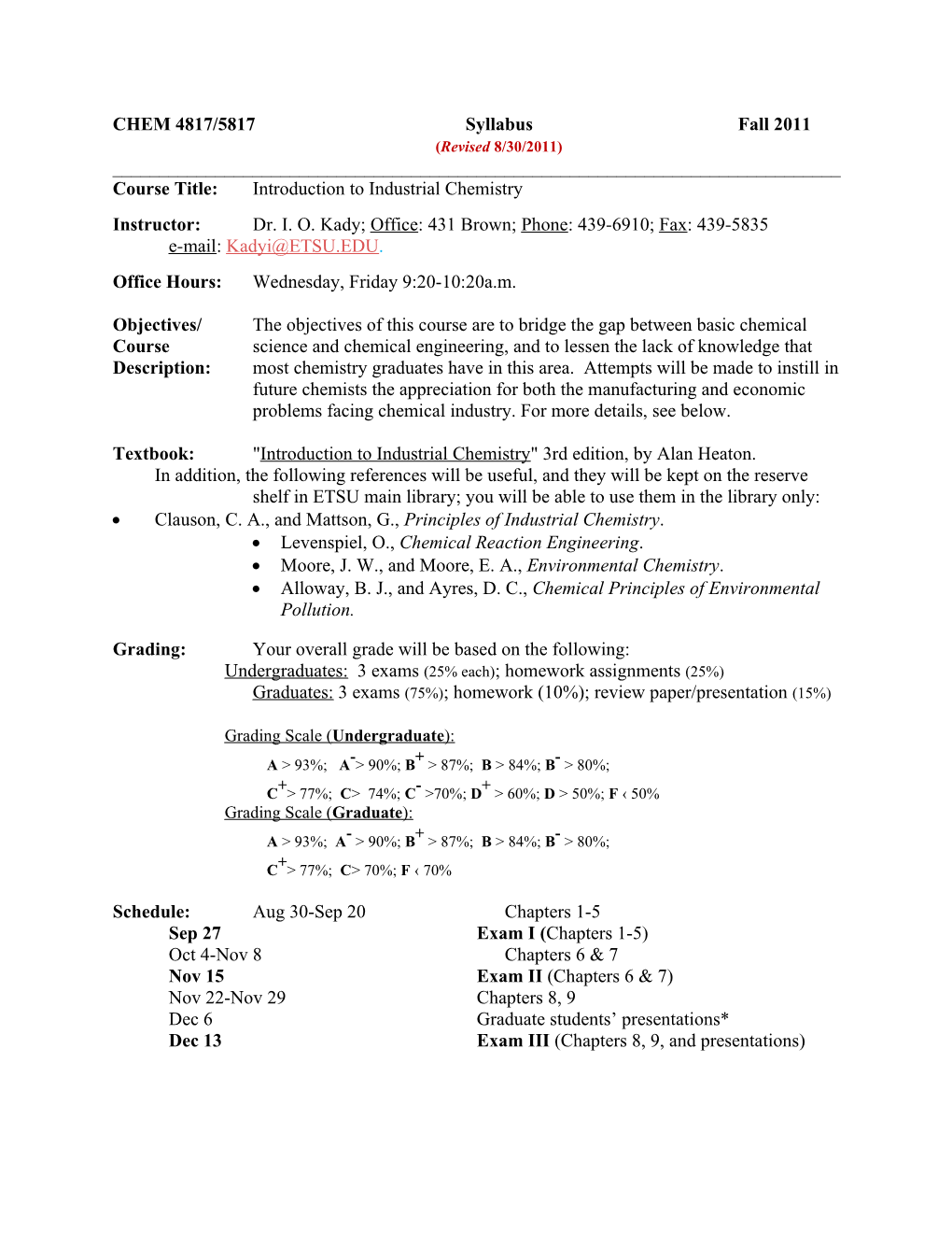 CHEM 4817/5817 Syllabus Fall 2011 (Revised8/30/2011)