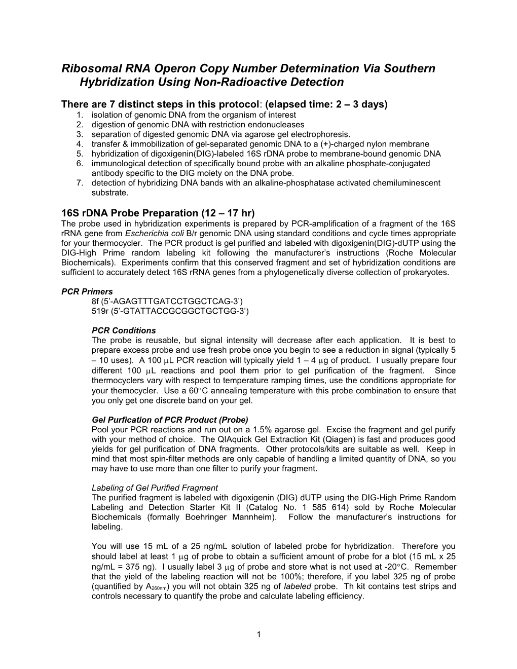 Ribosomal RNA Operon Copy Number Determination Via Southern Hybridization of 16S Rdna