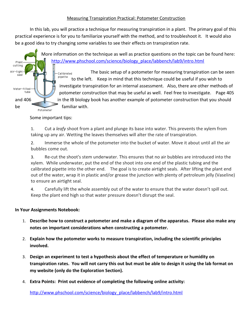 Measuring Transpiration Practical: Potometer Construction