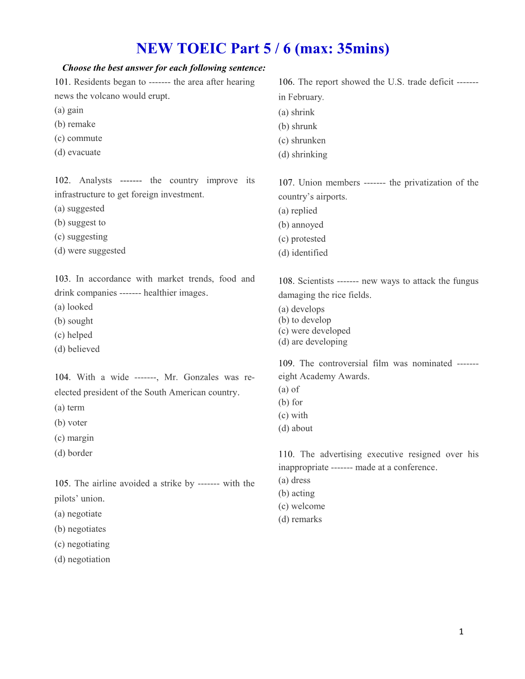 NEW TOEIC Part 5 / 6 (Max: 35Mins)