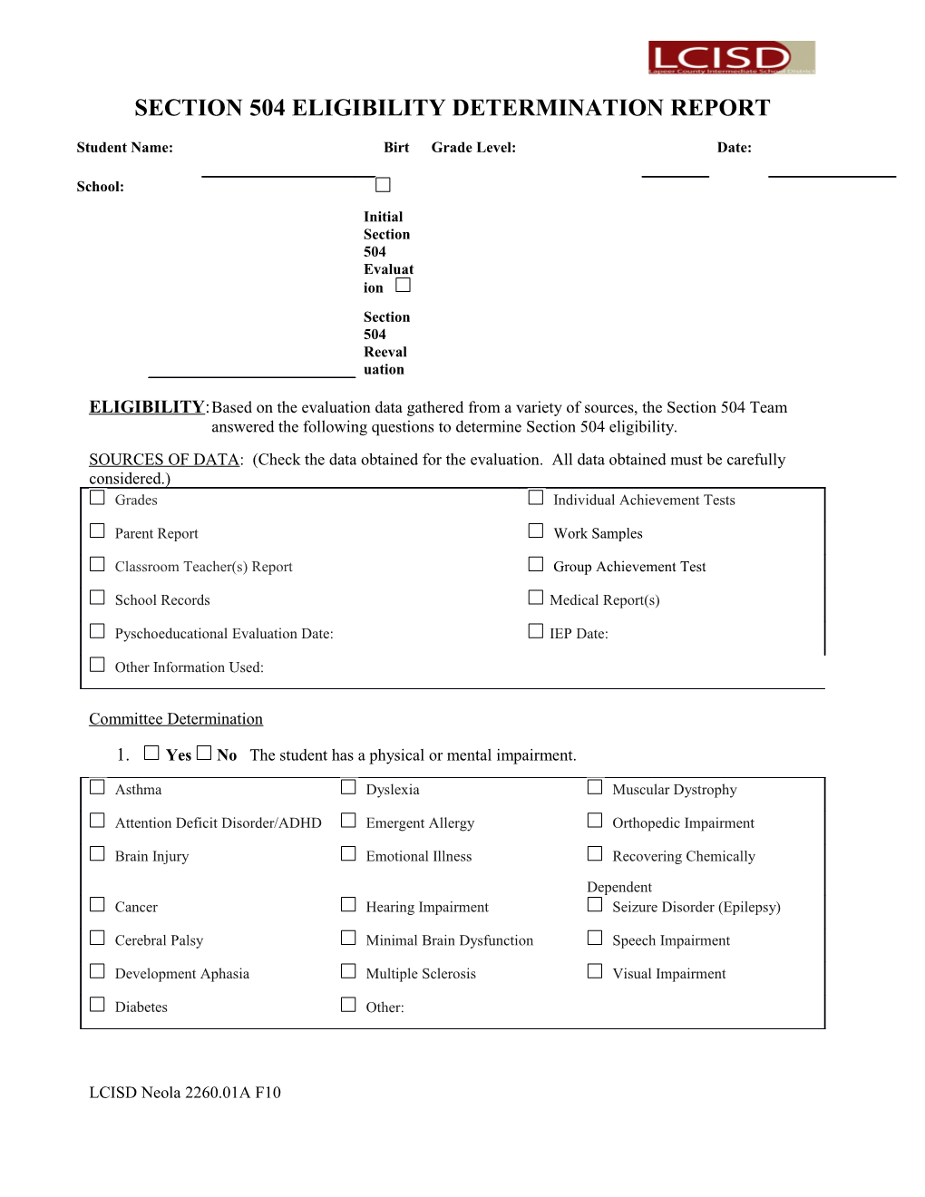 Section 504 Eligibility Determination Report