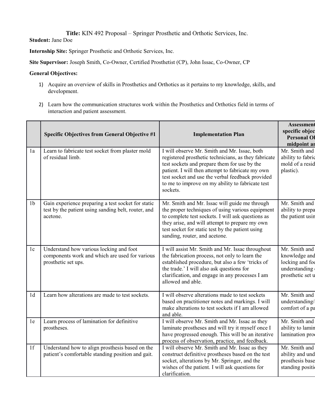 Title: KIN 492 Proposal Springer Prosthetic and Orthotic Services, Inc