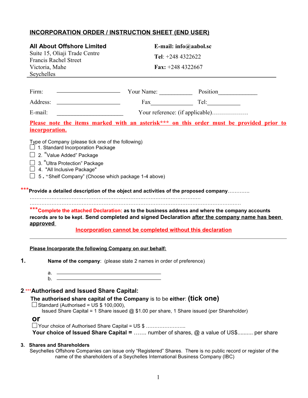 Incorporation Order/ Instruction Sheet (End User)