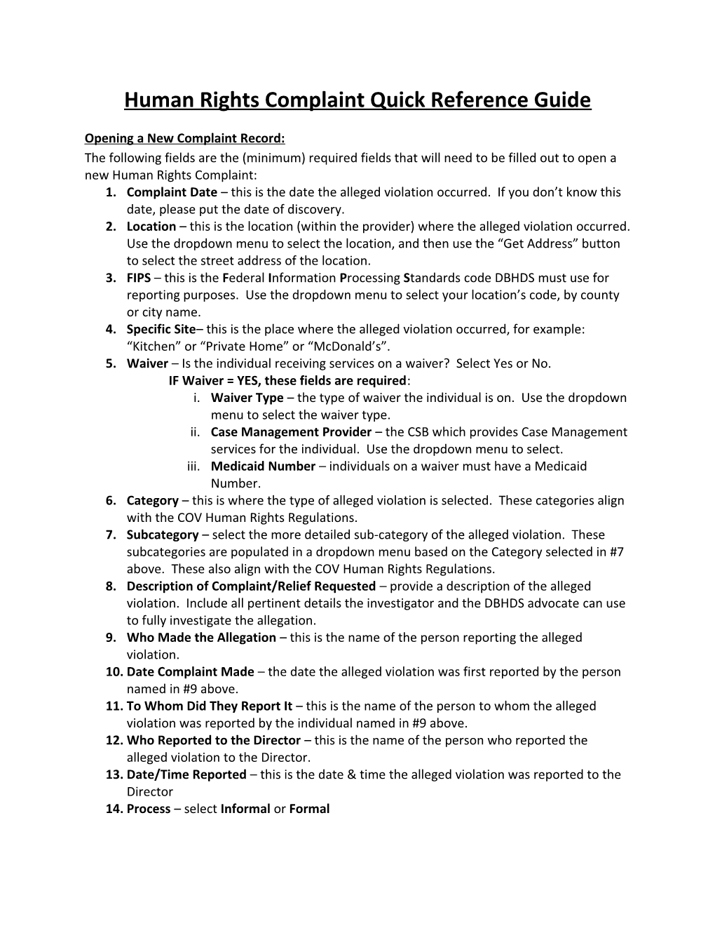 Human Rights Complaint Quick Reference Guide