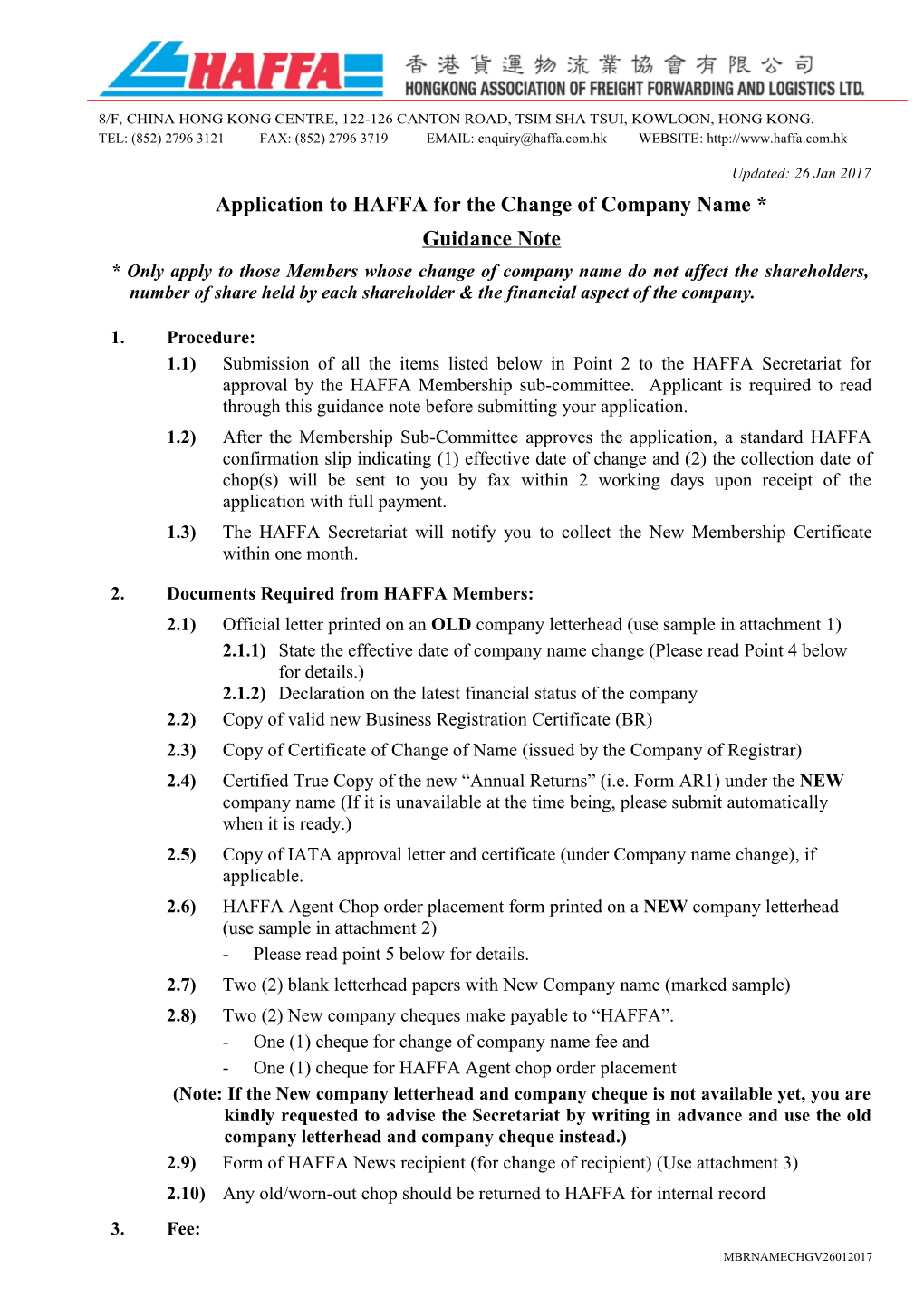 Application to HAFFA for the Change of Company Name