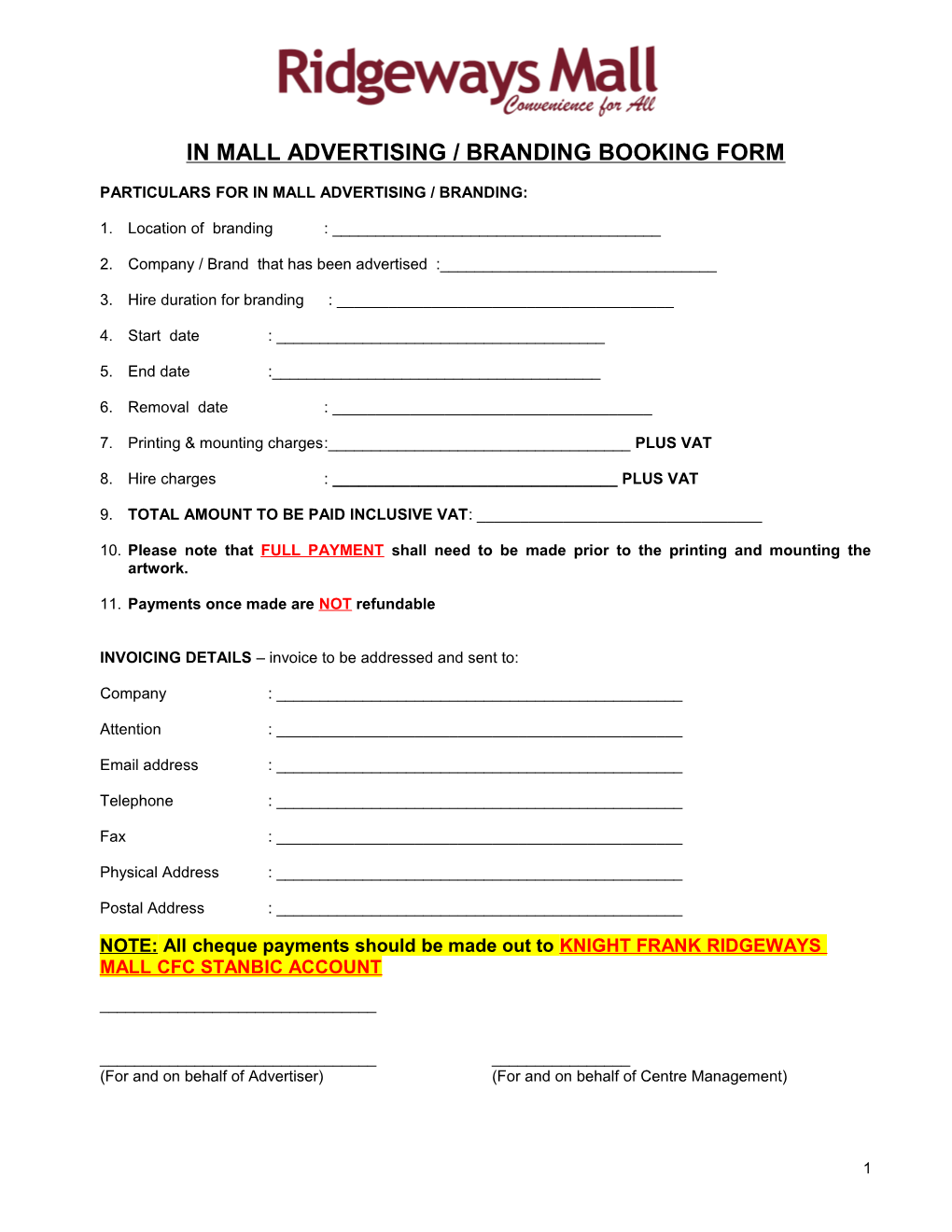 In Mall Advertising / Branding Booking Form