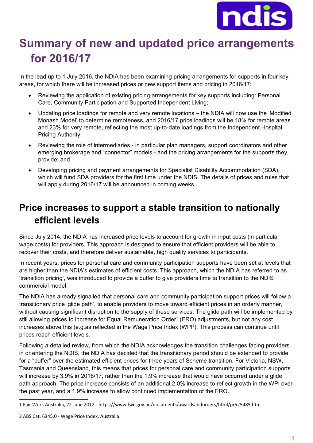 Summary of New and Updated Price Arrangements for 2016/17