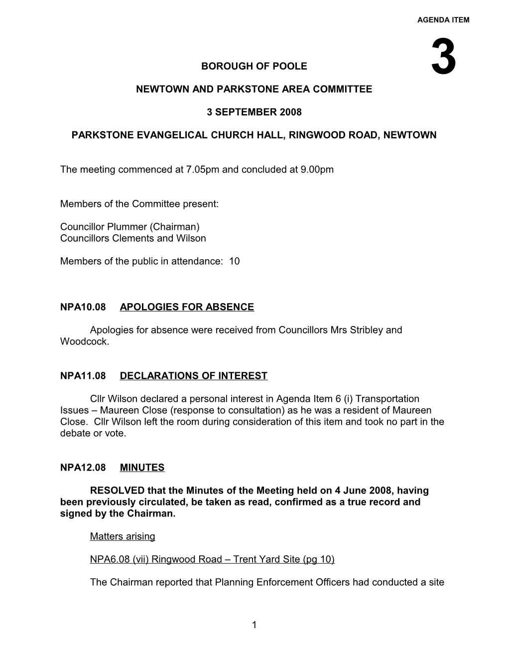 Minutes - Newtown and Parkstone Area Committee - 3 September 2008