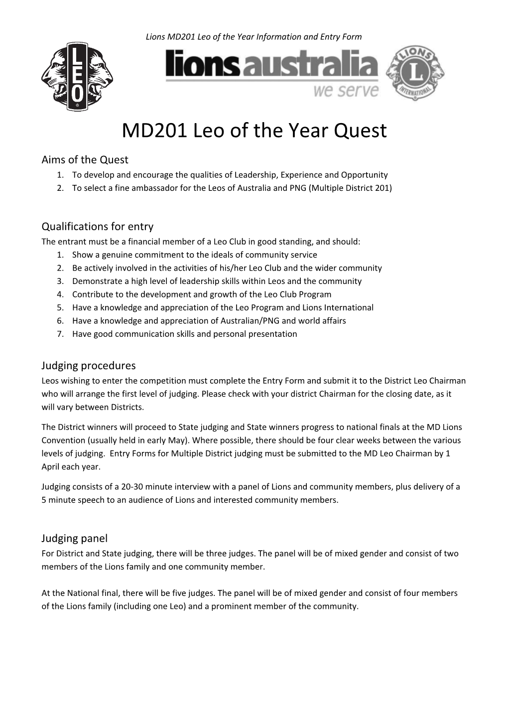 Lions MD201 Leo of the Year Information and Entry Form