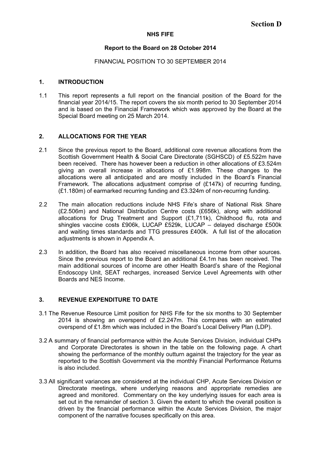 Report to the Board on 28 October 2014