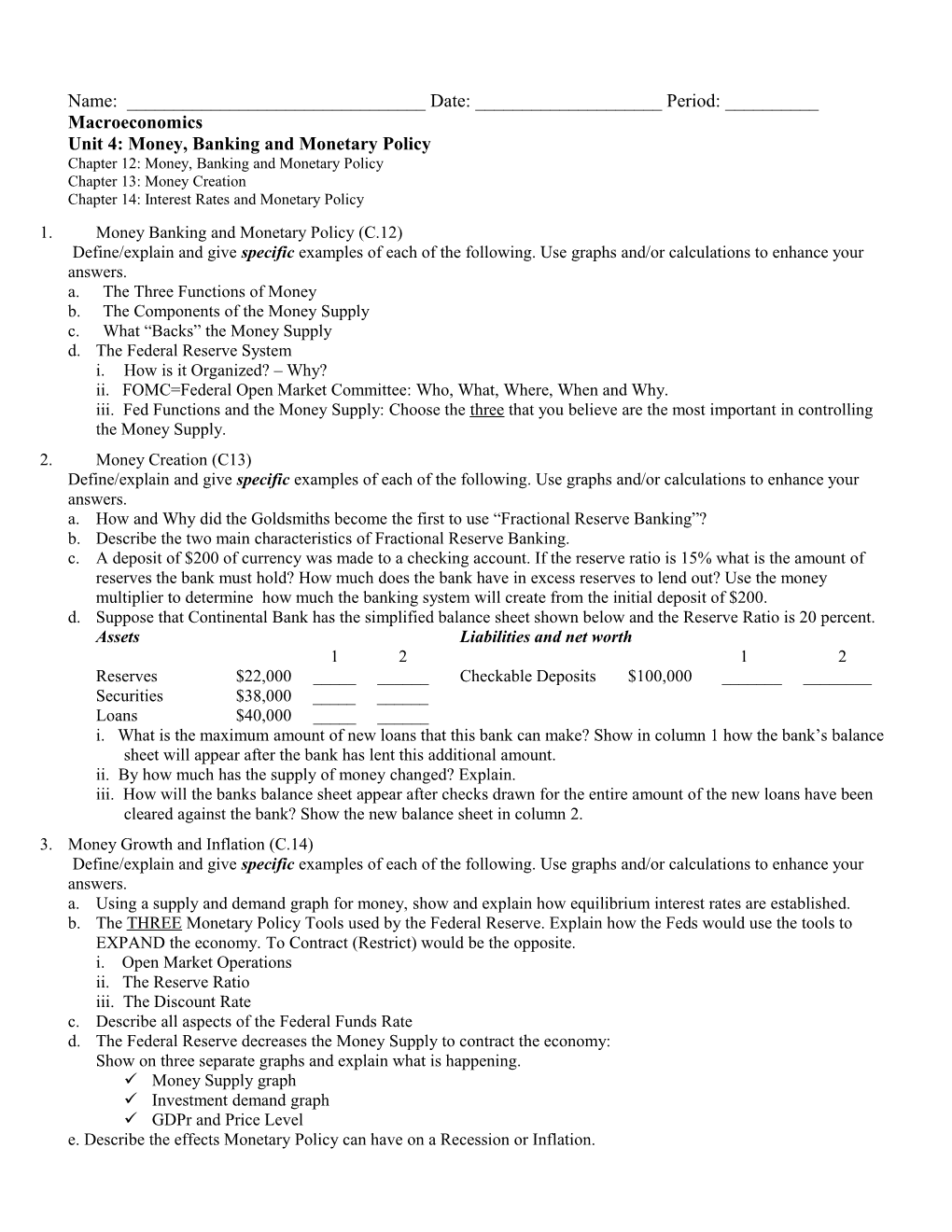 Unit 4: Money, Banking and Monetary Policy