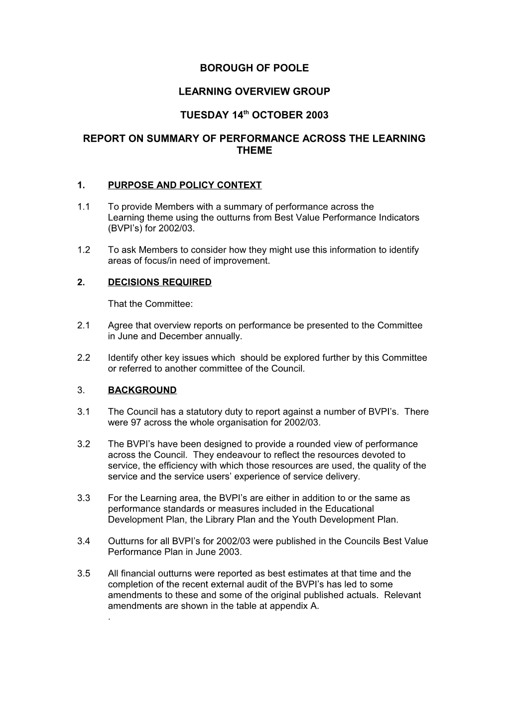 Report - Summary of Performance Accross the Learning Theme