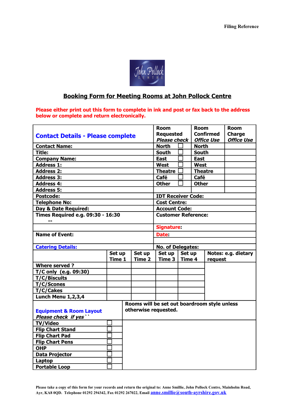 Booking Form for Meeting Rooms at John Pollock Centre