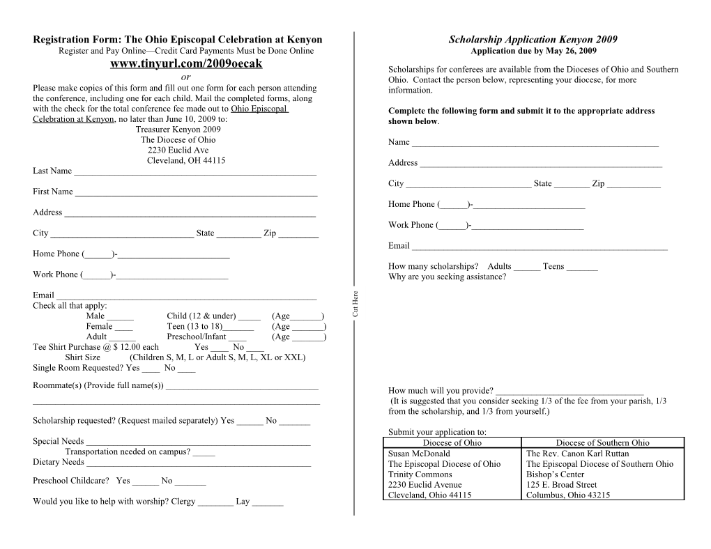 Registration Form the Ohio Episcopal Celebration at Kenyon