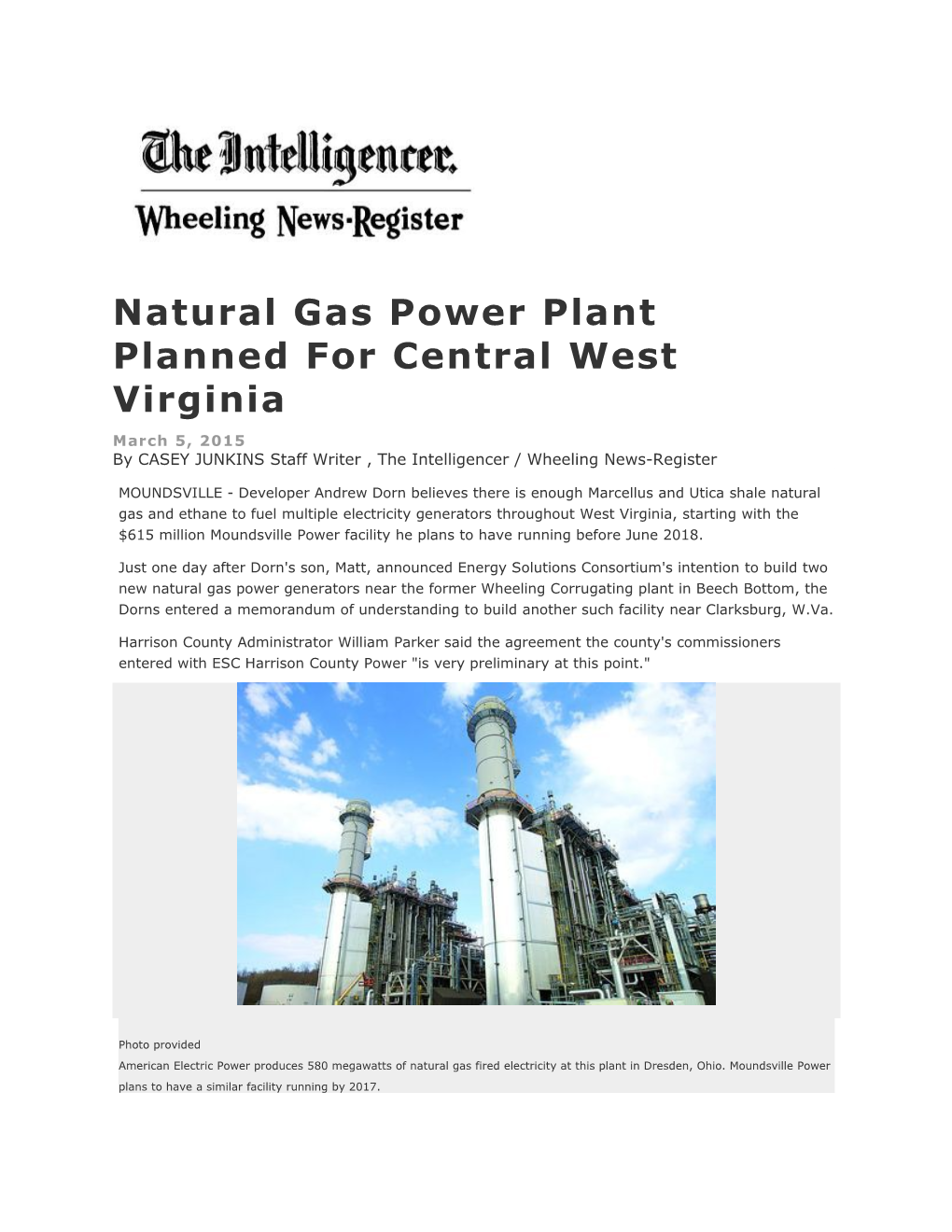 Natural Gas Power Plant Planned for Central West Virginia