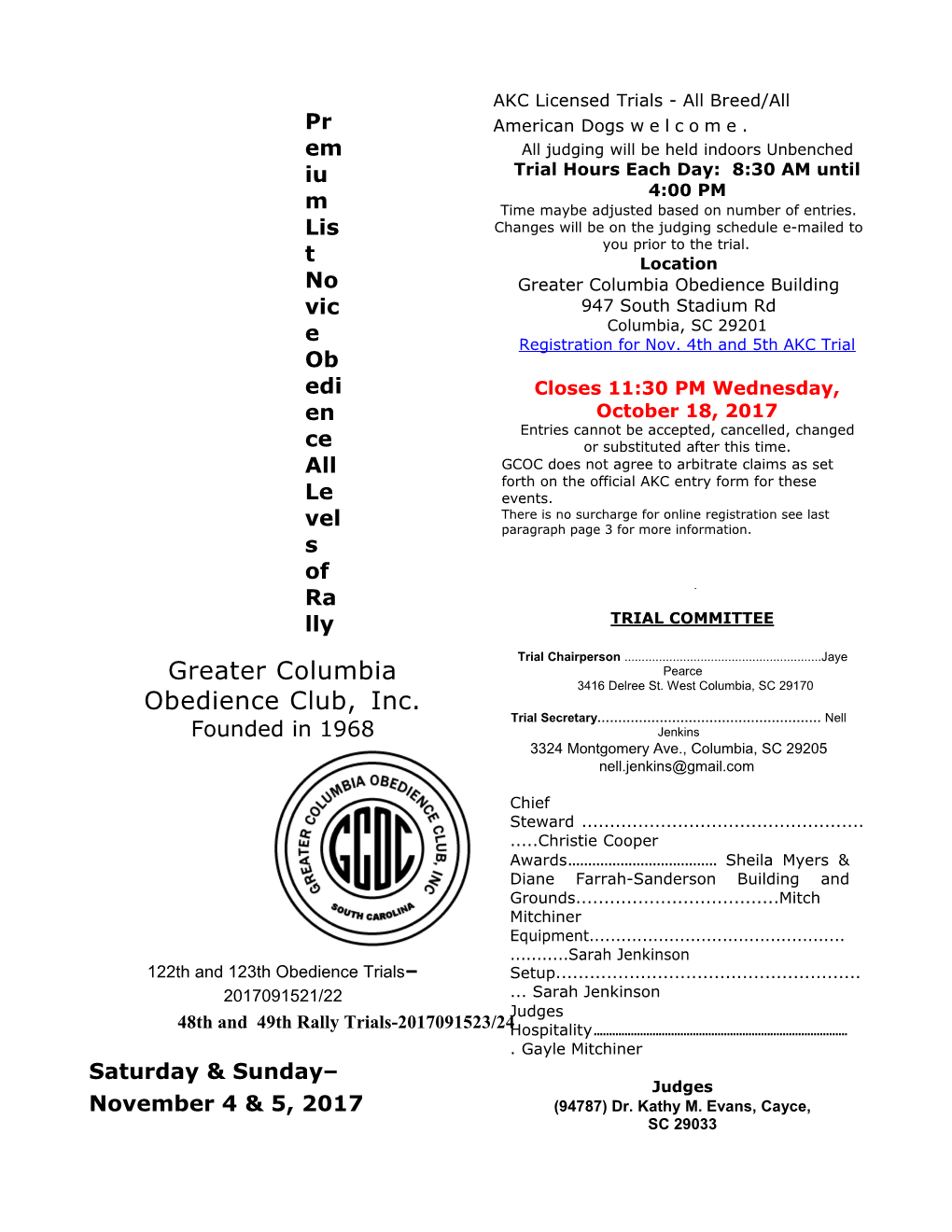 Premium List Novice Obedience