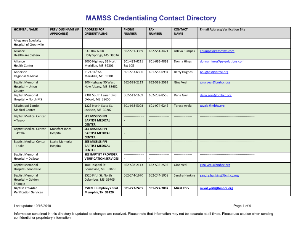 MAMSS Credentialing Contact Directory