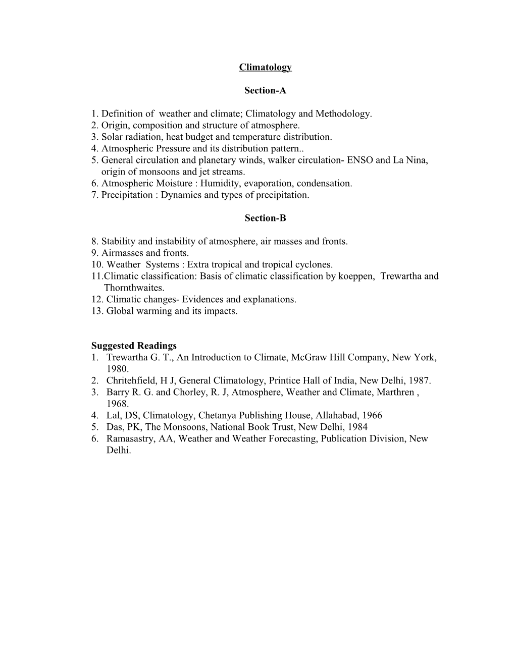 1. Definition of Weather and Climate; Climatology and Methodology