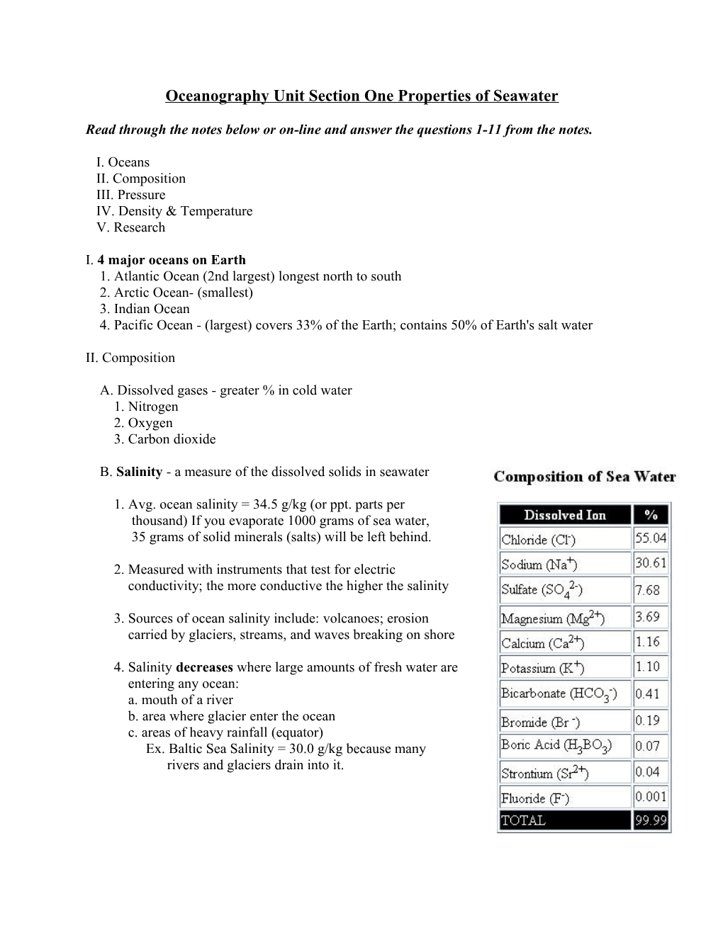 Oceanography Unit Section One Properties of Seawater