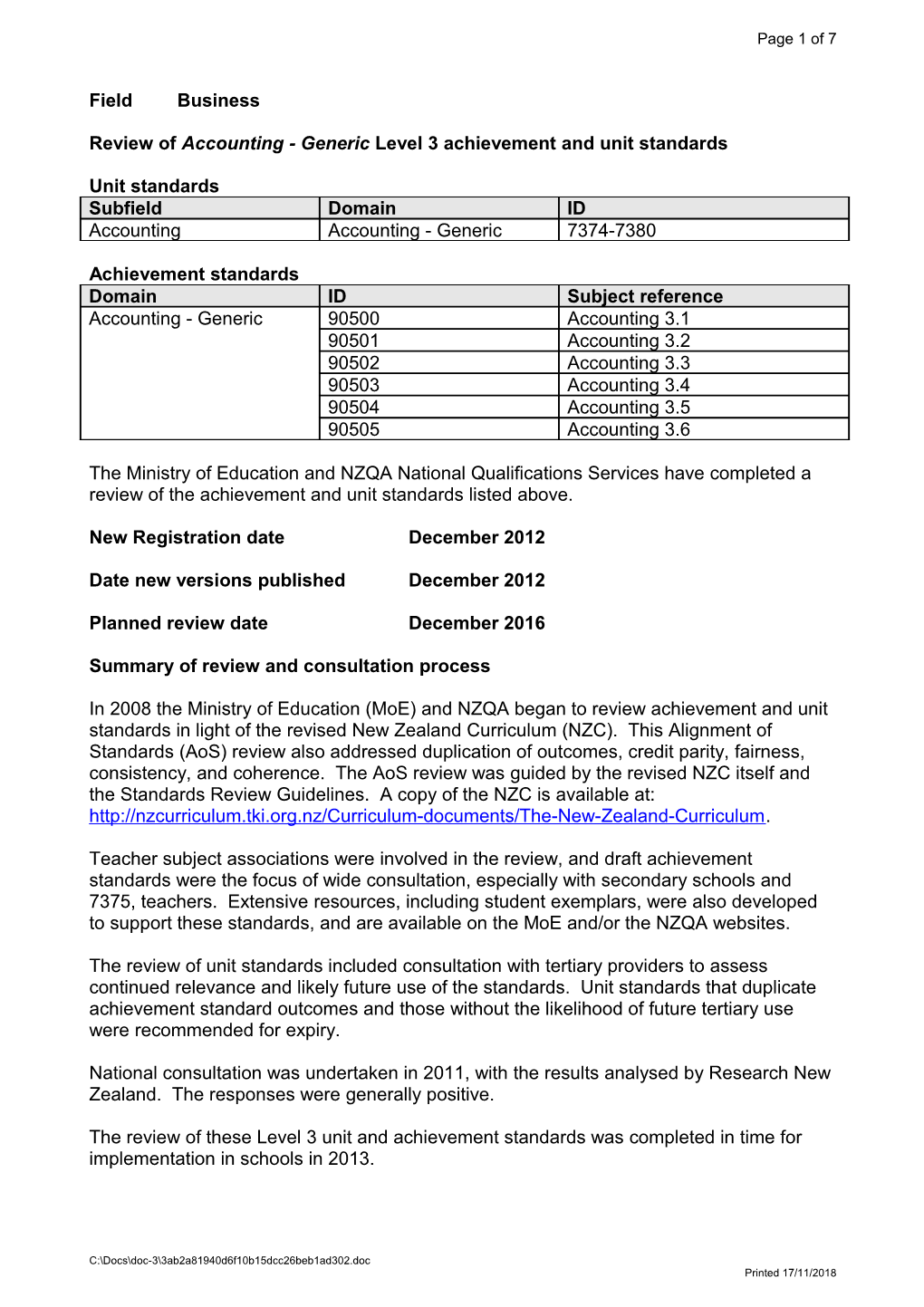 Review of Accounting - Generic Level 3 Achievement and Unit Standards