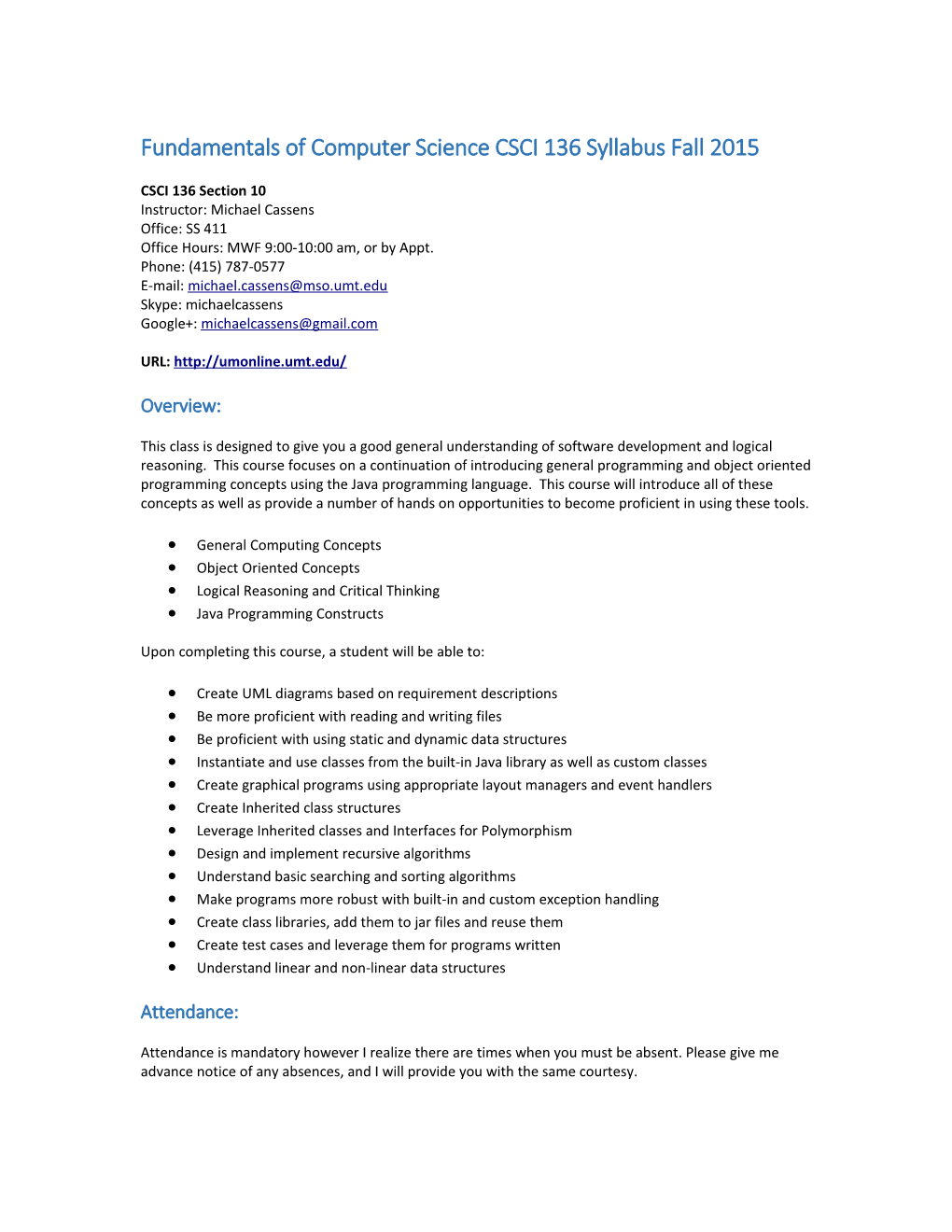 Fundamentals of Computer Science CSCI 136 Syllabus Fall 2015