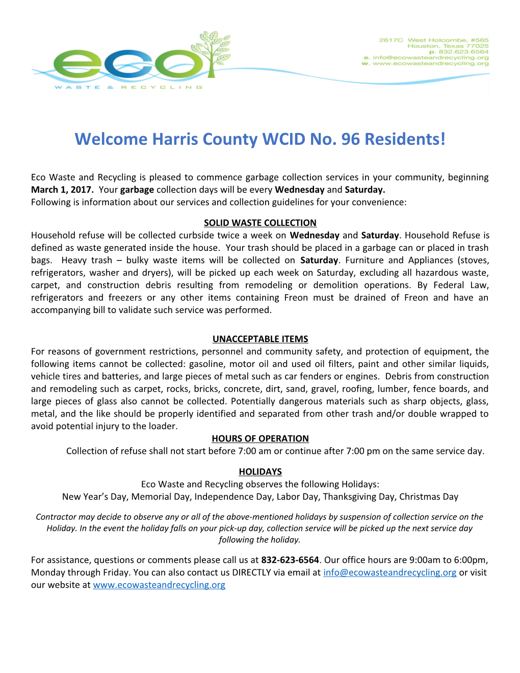 Welcome Harris County WCID No. 96 Residents!