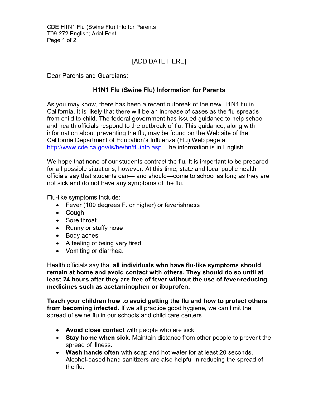 H1N1 Flu (Swine Flu) Information for Parents - Health Services & School Nursing (CA Dept