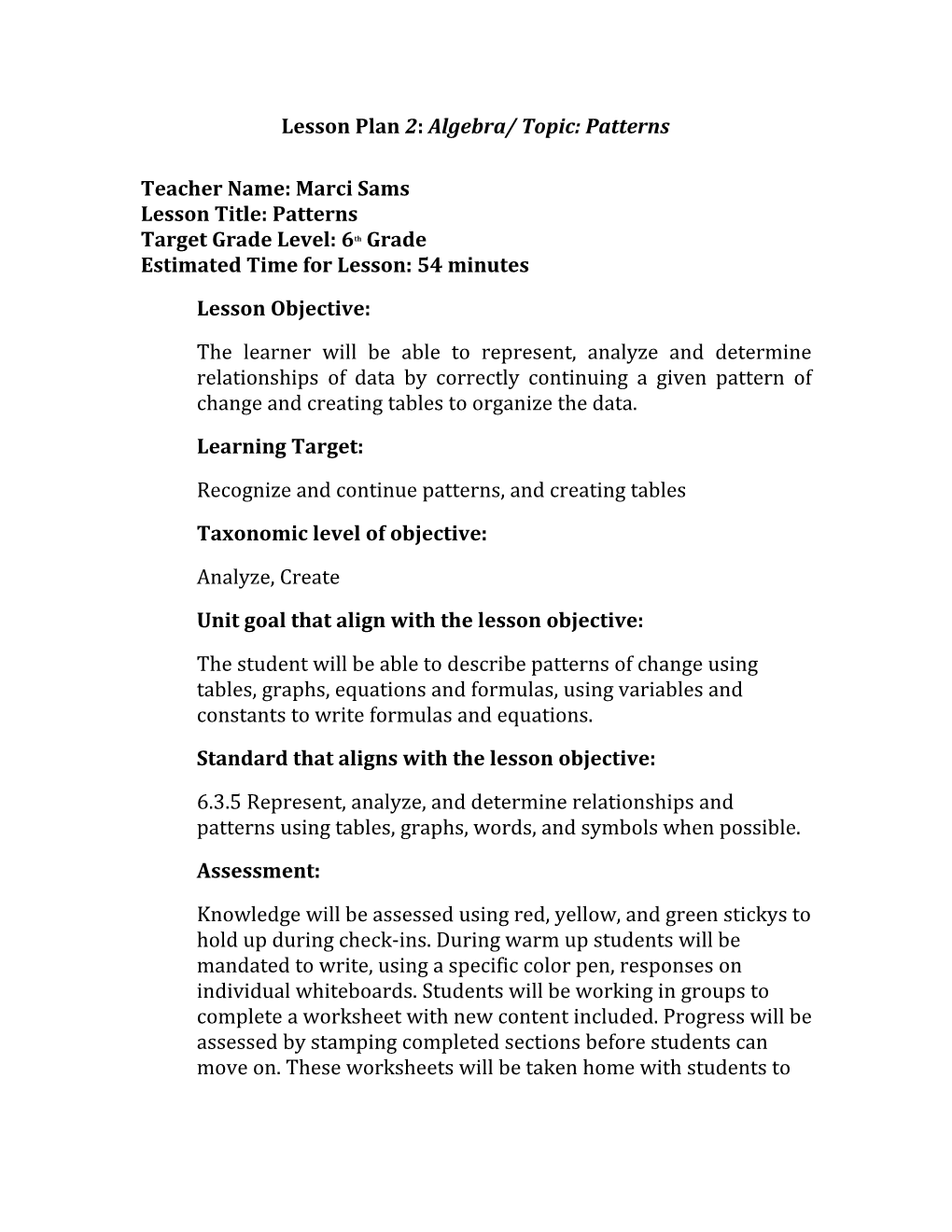 Lesson Plan 2: Algebra/ Topic: Patterns