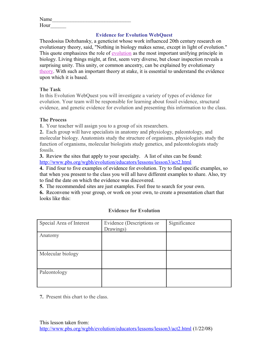 Evidence for Evolution Webquest