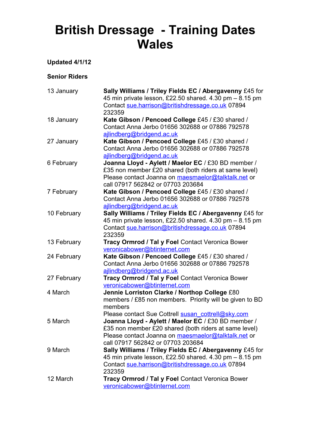 British Dressage - Training Dates