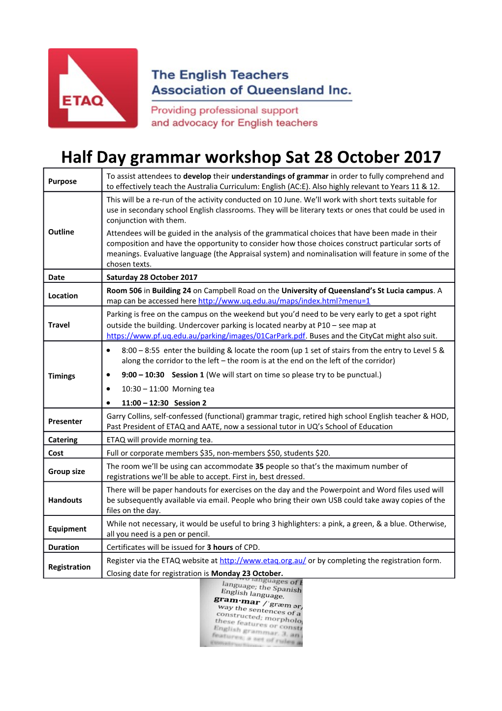 Half Day Grammar Workshop Sat 28October 2017
