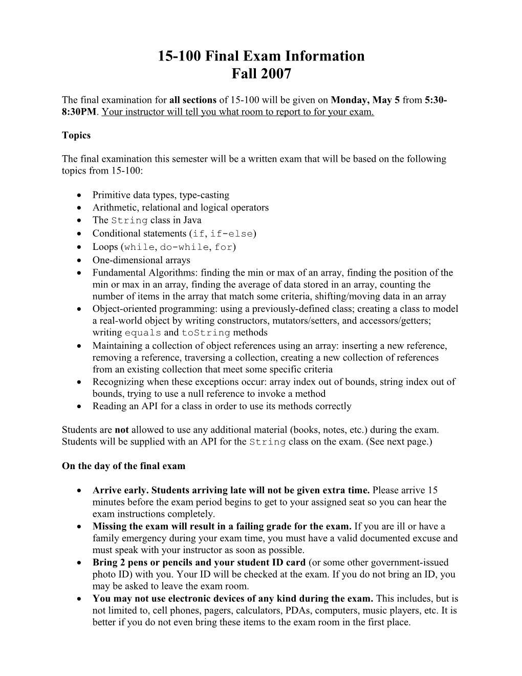 15-100 Final Exam Information Spring 2006